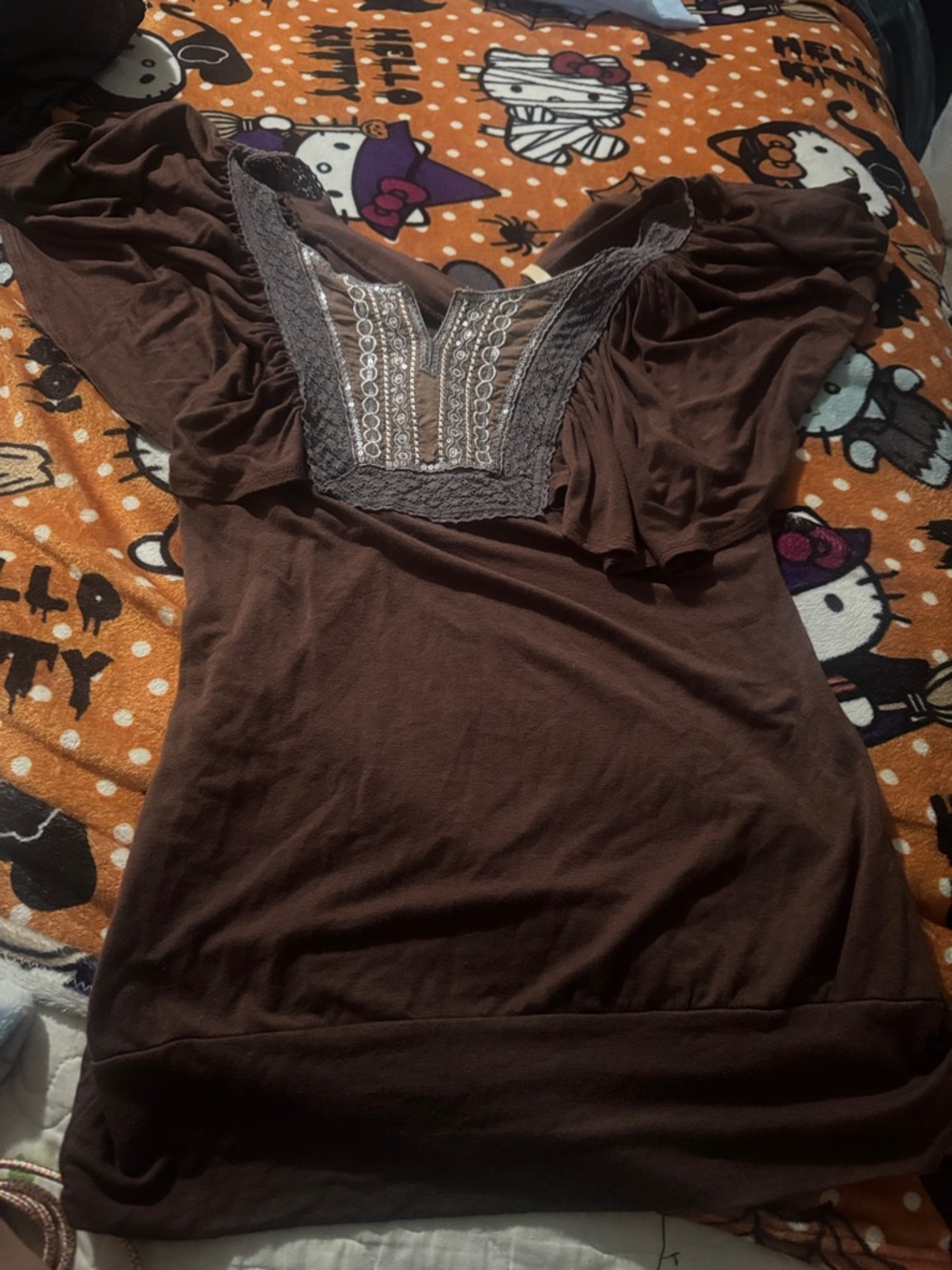 Brown Women's Flutter Sleeve V-Neck Top with Lace Trim